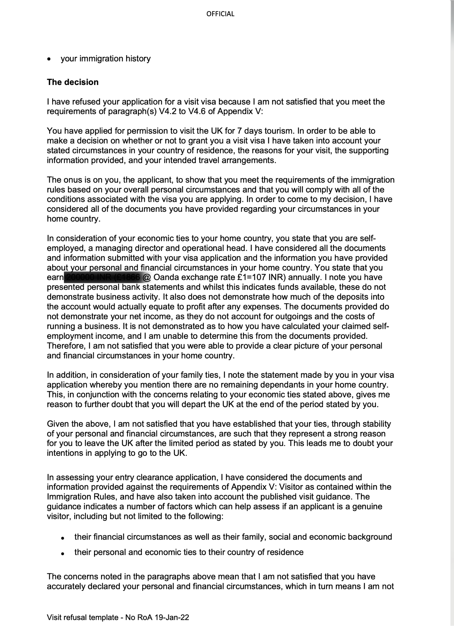 My UK visa refusal letter as a 23 year old self employed indian