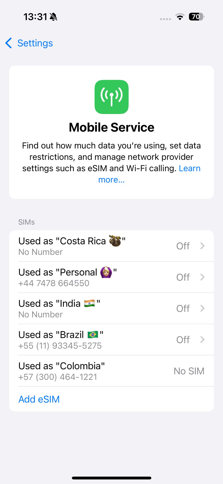 SIM card names travelling